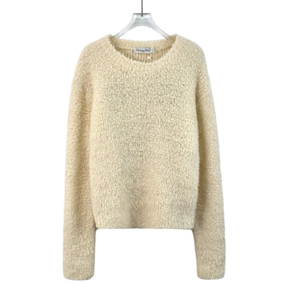 Christian Dior Beige Letter Embroidered Wool Crew Neck Long Sleeve Knit Sweater